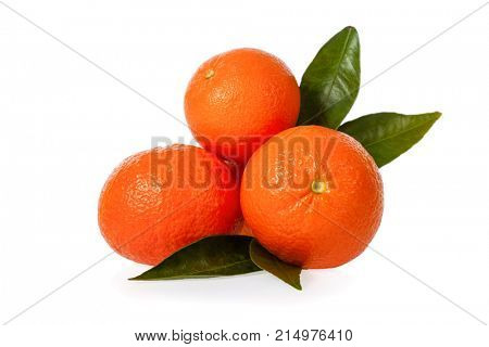 Orange Mandarines, Clementines, Tangerines or small oranges with leaves isolated on white background, cut out or cutout
