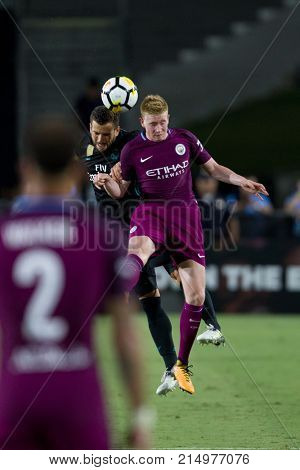 LOS ANGELES, CA - JULY 26: Kevin De Bruyne & Nacho during the 2017 International Champions Cup game between Manchester City and Real Madrid on July 26th 2017 at the Los Angeles Memorial Coliseum.