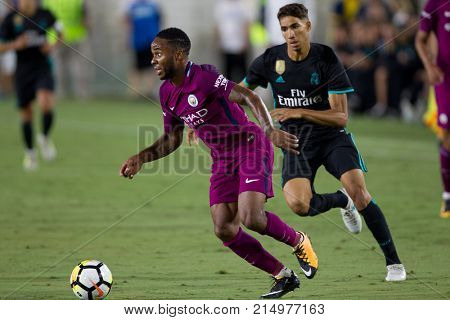 LOS ANGELES, CA - JULY 26: Raheem Sterling during the 2017 International Champions Cup game between Manchester City and Real Madrid on July 26th 2017 at the Los Angeles Memorial Coliseum.