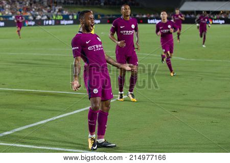 LOS ANGELES, CA - JULY 26: Raheem Sterling during the 2017 International Champions Cup game between Manchester City and Real Madrid on July 26th 2017 at the Los Angeles Memorial Coliseum.