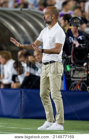 LOS ANGELES, CA - JULY 26: Pep Guardiola during the 2017 International Champions Cup game between Manchester City and Real Madrid on July 26th 2017 at the Los Angeles Memorial Coliseum.