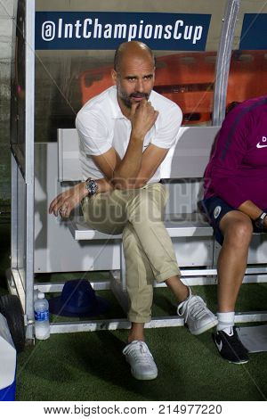 LOS ANGELES, CA - JULY 26: Pep Guardiola during the 2017 International Champions Cup game between Manchester City and Real Madrid on July 26th 2017 at the Los Angeles Memorial Coliseum.