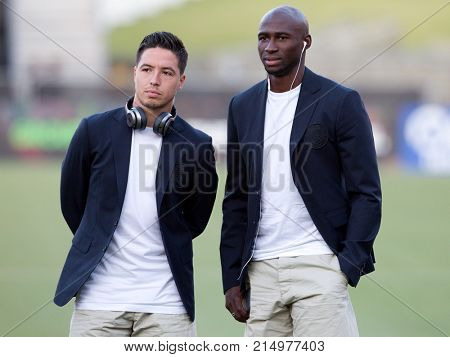 LOS ANGELES, CA - JULY 26: Samir Nasri & Eliaquim Mangala before the 2017 International Champions Cup game between Manchester City & Real Madrid on July 26th 2017 at the Los Angeles Memorial Coliseum.