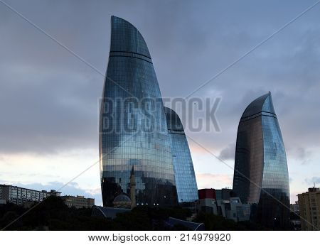 Flame towers and Sehidler Mescidi Mosque. BAKU, AZERBAIJAN - October 14, 2017