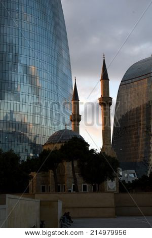 Flame towers and Sehidler Mescidi Mosque. BAKU, AZERBAIJAN - October 14, 2017