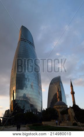 Flame towers and Sehidler Mescidi Mosque. BAKU, AZERBAIJAN - October 14, 2017