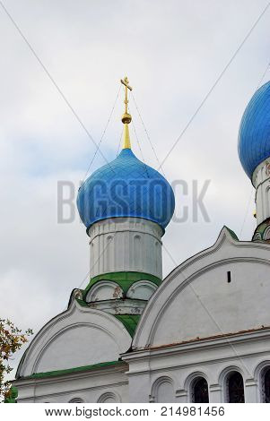 Monastery of the Epiphany in Uglich, Russia. Women's monastery. New Epiphany cathedral. Blue sky with clouds background.