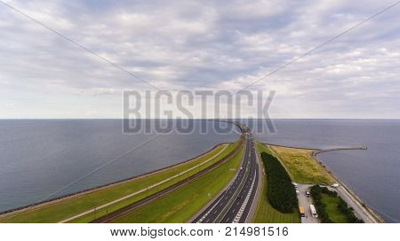 View from above  of Great Belt in Denmark. Cloudy day