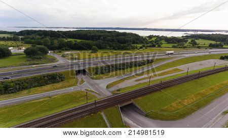 View from above  of Great Belt in Denmark. Cloudy day