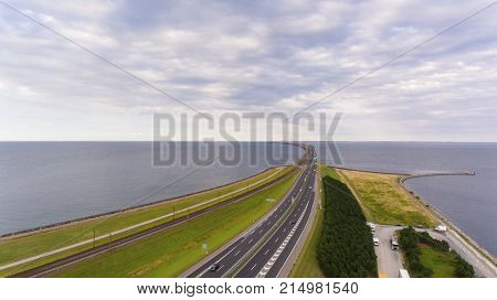 View from above  of Great Belt in Denmark. Cloudy day