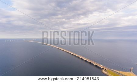View from above  of Great Belt in Denmark. Cloudy day