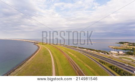 View from above  of Great Belt in Denmark. Cloudy day