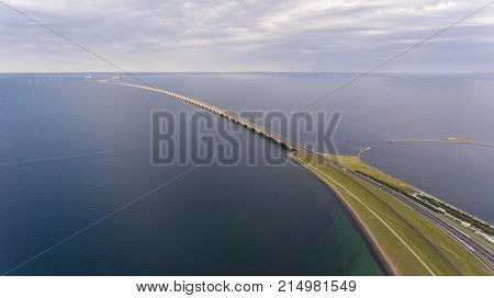 View from above  of Great Belt in Denmark. Cloudy day