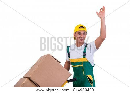 Young man moving boxes with cart isolated on white