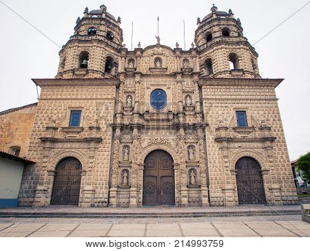 The cathedral on the main square in in Cajamarca Peru