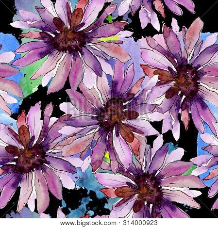 Aster Floral Botanical Flowers. Watercolor Background Illustration Set. Seamless Background Pattern.