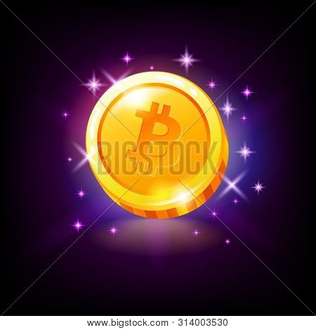 Gold Bitcoin Coin Satoshi With Sparkles, Crypto Currency Slot Icon For Online Casino Or Logo For Mob