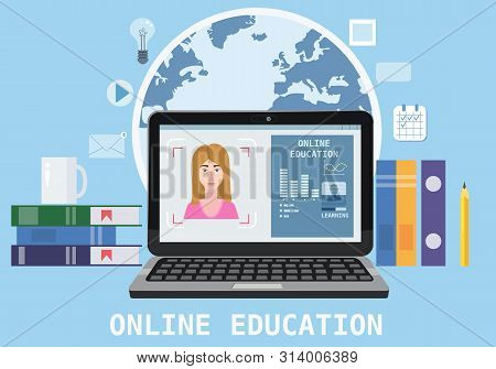 Online Education Webinar Icons Composition With Teacher Coach Trainer Women On Laptop Electronic Lib