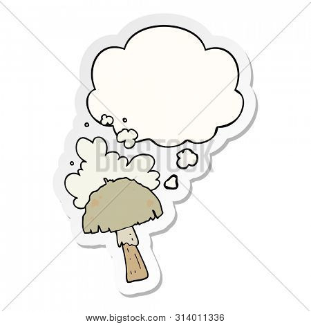 cartoon mushroom with spore cloud with thought bubble as a printed sticker