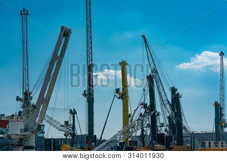 Warnemuende, Germany - June 25, 2019: Details Of Dockside Cranes At The Europort Harbour In Rostock