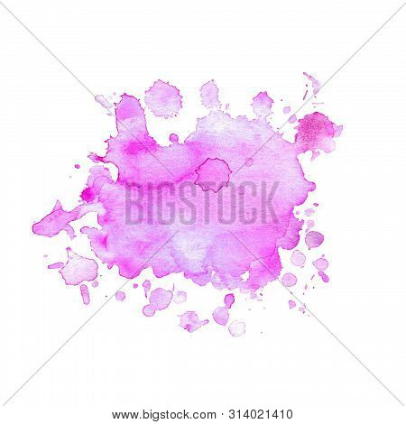 Watercolor Stain Of Neon Purple With Splashes And Stains. An Isolated Scarlet Spot On A White Backgr