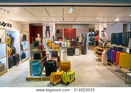 VIENNA, AUSTRIA - CIRCA MAY, 2019: goods on display at Samsonite store in Vienna International Airport.