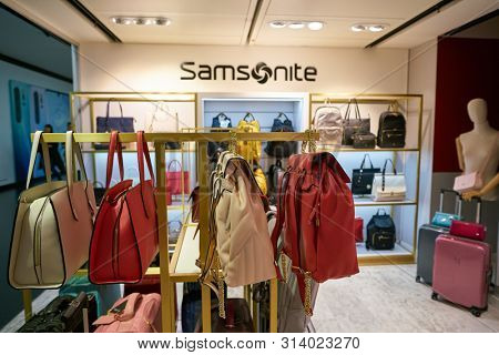 VIENNA, AUSTRIA - CIRCA MAY, 2019: goods on display at Samsonite store in Vienna International Airport.