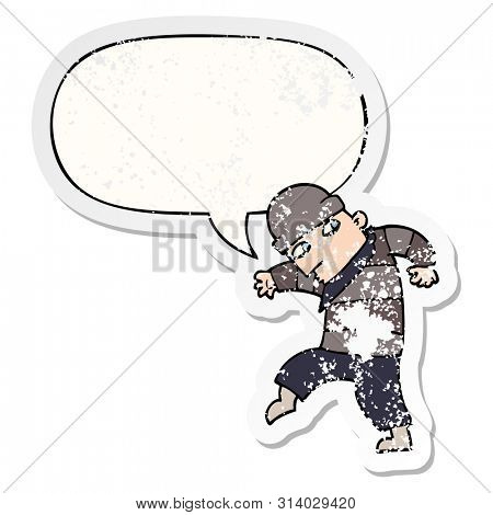 cartoon sneaking thief with speech bubble distressed distressed old sticker