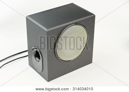 Black Stereo Box With Round Speaker. Loud Speaker Isolated On White Background.