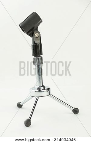 Short Rack Stand For Microphone. Black Microphone Short Rack Stand Isolated On White Background.