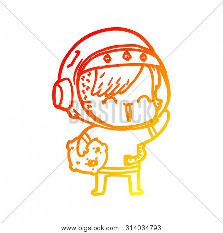 warm gradient line drawing of a cartoon happy spacegirl holding moon rock