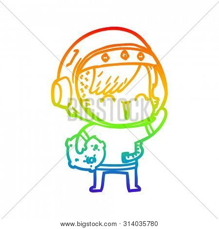 rainbow gradient line drawing of a cartoon happy spacegirl holding moon rock