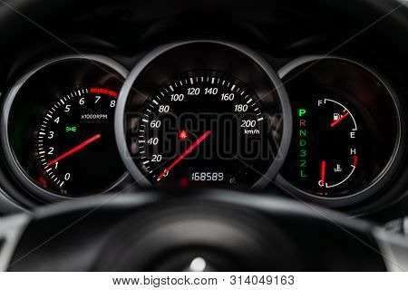 Novosibirsk, Russia - July 08, 2019: Suzuki Grand Vitara, Close-up Of The Dashboard, Speedometer And