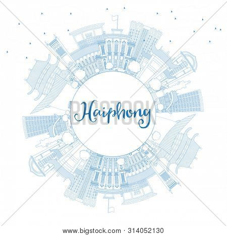 Outline Haiphong Vietnam City Skyline with Blue Buildings and Copy Space. Business Travel and Tourism Concept with Historic Architecture. Haiphong Cityscape with Landmarks.