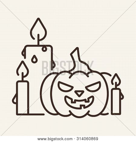 Pumpkin And Candles Vector Line Icon. Light, Halloween, Vegetable. Vector Illustration Can Be Used F