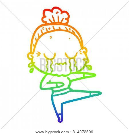 rainbow gradient line drawing of a cartoon old dancer woman crying