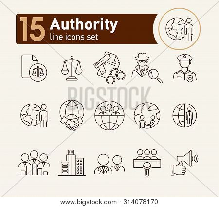 Authority Line Icon Set. Police Officer, Detective, Globe, Handshake. Authority Concept. Can Be Used