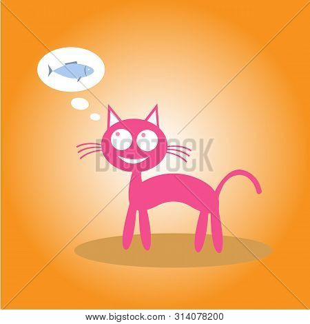 Cartoon Cat Thinks About Food. Vector Illustration Flat