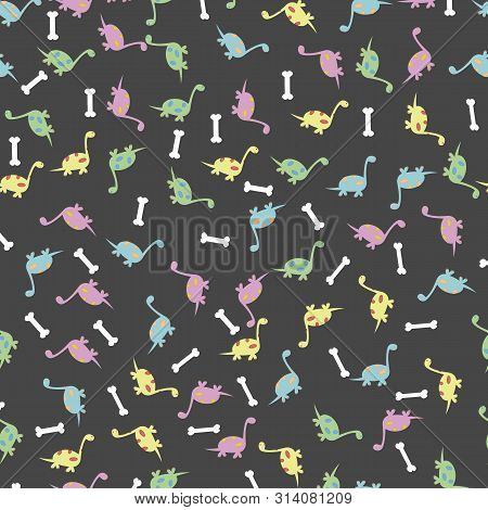 Cartoons Dinosaurs Seamless Pattern. Dark Background. Vector Illustration Flat