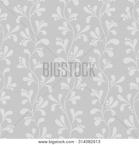 Vector Seamless Pattern With Vertical Branches. Floral Abstract Grey Branches With Leaves. Simple De