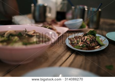 Close Up Thai Food Tom Yam Soup And Spicy Labb Meal