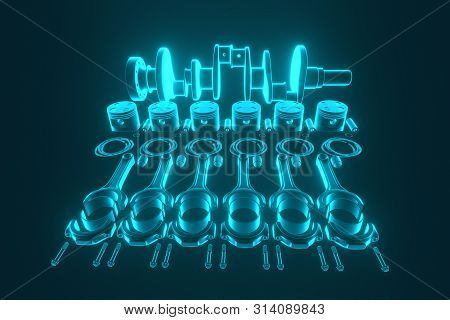 3d Rendering. Crankshaft For 6v Cylinders Engine. Truck Crankshaft On Blue Background. Engine Bearin