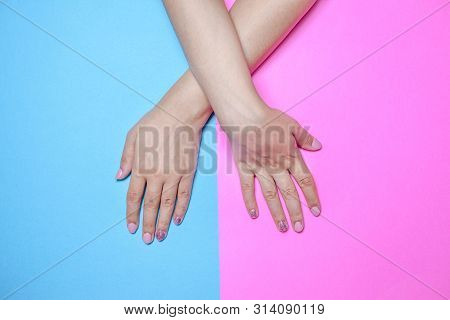 A Young Woman Manicured Hands After Procedure. Pretty Girl Using Shellac Uv Led Lamp. Concept Of Nai