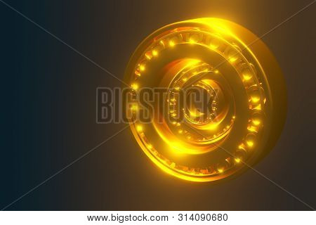 3d Rendering. Automotive Gold Bearings Auto Spare Parts. Tapered Roller Bearing Isolated On A Blue B