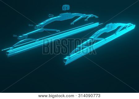 3d Rendering. Windscreen Wiper Blade On A Blue Background. Wiper Blade For Car. Spare Parts, Auto Pa