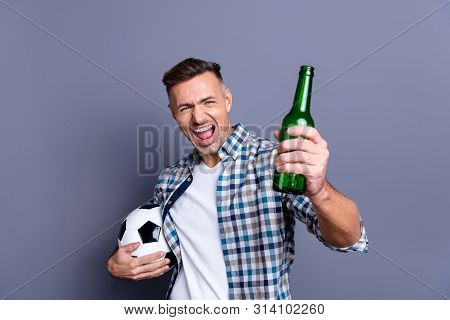 Portrait Of His He Nice Attractive Cheerful Cheery Bearded Guy Wearing Checked Shirt Holding In Hand