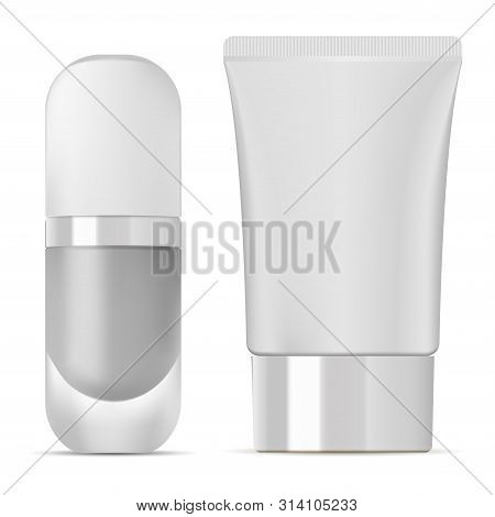 Cosmetic Tube And Foundation Bottle. White Plastic Package For Beauty Lotion, Scrub, Gel. Glossy Lid