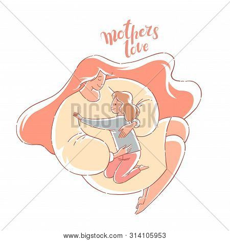 Mom Hugs Daughter. Mothers Love. Hand Drawn Style Vector Design Illustrations.