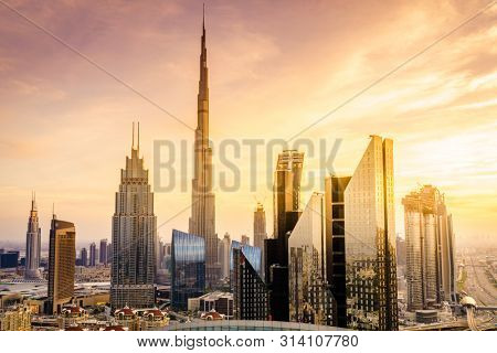 View of Duba downtowni skyline at sunset