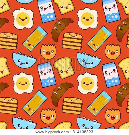 Fun  Seamless Pattern Funny Characters Breakfast  Toasts Bread, Milk, Fried Egg Cute Food And Drink 